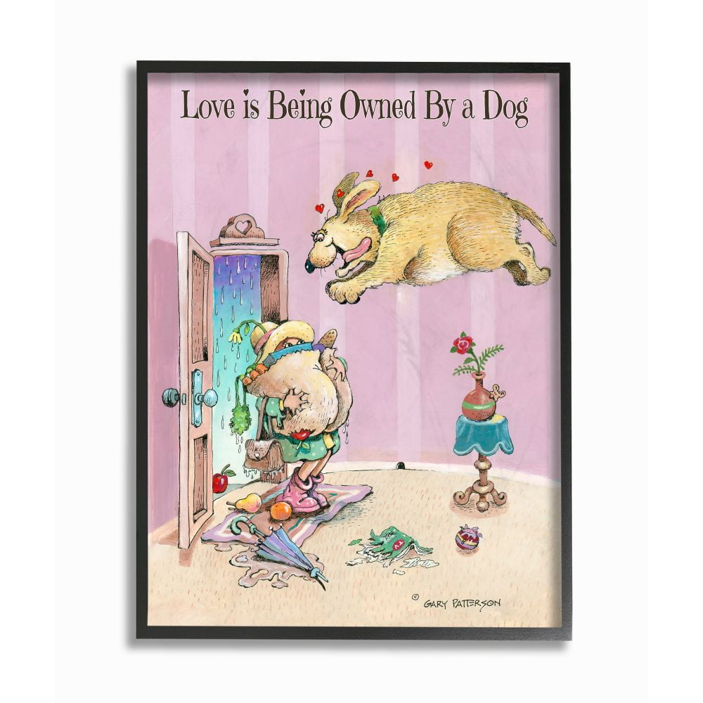 Love Is Being Owned By A Dog Funny Cartoon Pet Design Framed Giclee Texturized Art by Gary Patterson