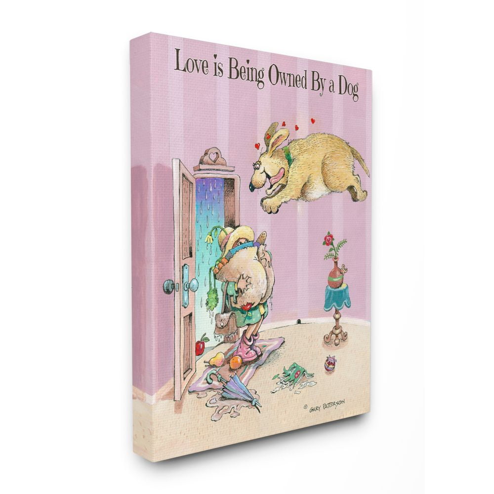 Love Is Being Owned By A Dog Funny Cartoon Pet Design Super Oversized Stretched Canvas Wall Art by Gary Patterson