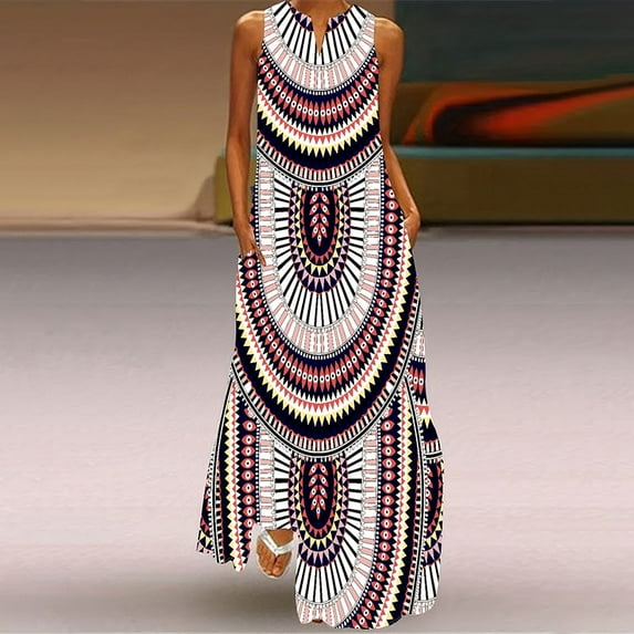 Pre-Owned Women's Summer Casual Dresses 2024 Women's Vintage Tribal Print Dresses Daily Casual Sleeveless V-Neck Boho Evening Dresses