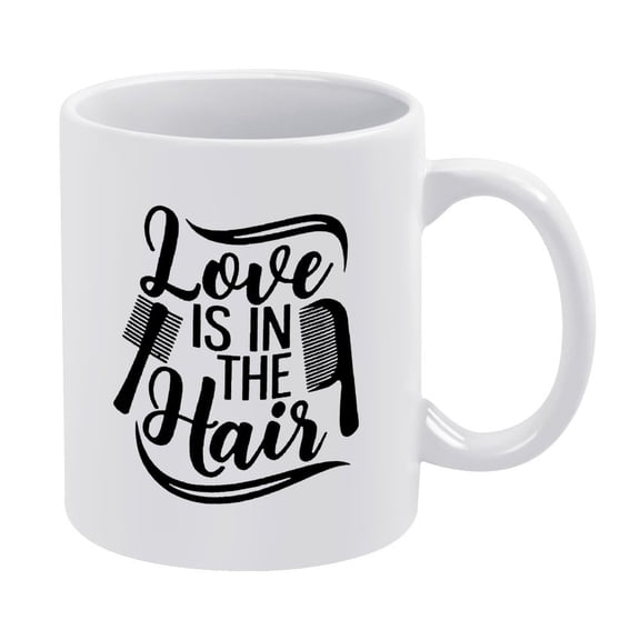 "Love Is In The Hair" Hairstylist Coffee Mug,11oz - Gift for Hairdresser, Barber, Cosmetologist, White Ceramic