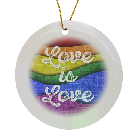 3drose, Love Is Love in Distressed White Cursive on a Wavy Rainbow Background., Circle Porcelain Ornament