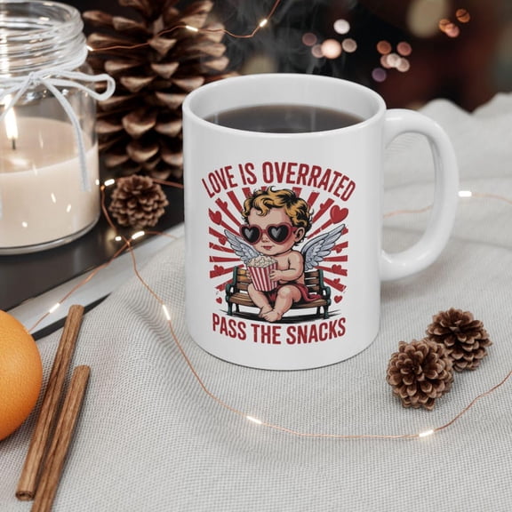 Love Is Overrated Mug, Pa1ss The SnaC1KS Coffee Mug, Funny VaL1entine Mug, Cute Cupid Mug, Snack Lover Gift