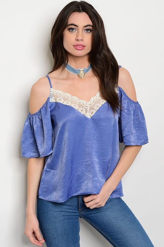 Light Blue Satin Cold Shoulder Top Medium