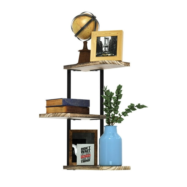 Love KANKEI Corner Shelf Wall Mount of 3 Tier Rustic Wood Floating Shelves for Bedroom Living Room Bathroom Kitchen Office and More Carbonized Black Walmart Business Supplies