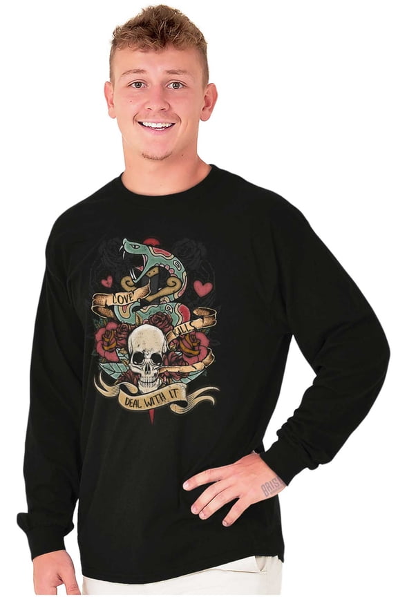 Love Kills Deal With Skull Tattoo Plus Size Long Sleeve Graphic Tee Shirt Brisco Brands 2X