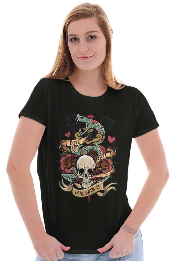 Love Kills Deal With Skull Tattoo Womens Fitted Plus Size Graphic Tee Brisco Brands 2X