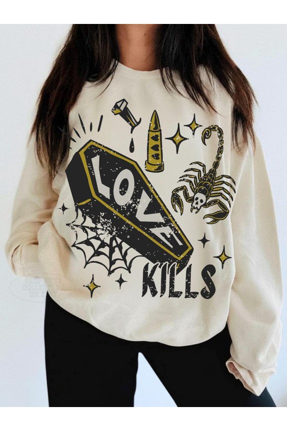 Love Kills Sweatshirt UNSX Vintage Anti Valentine Day Crewneck Trendy Traditional Tattoo Moto Edgy Skull Scorpion Shirt Aesthetic Streetwear All Size S-5Xl