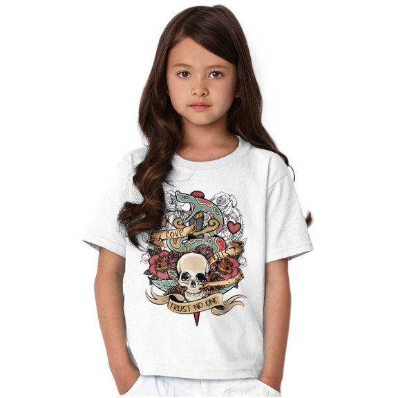 Love Kills Trust No One Skull Tattoo Crewneck T Shirts Boy Girl Teen Brisco Brands L