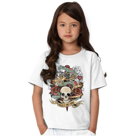 Love Kills Trust No One Skull Tattoo Crewneck T Shirts Boy Girl Teen Brisco Brands L