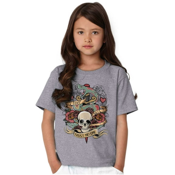 Love Kills Trust No One Skull Tattoo Crewneck T Shirts Boy Girl Teen Brisco Brands X