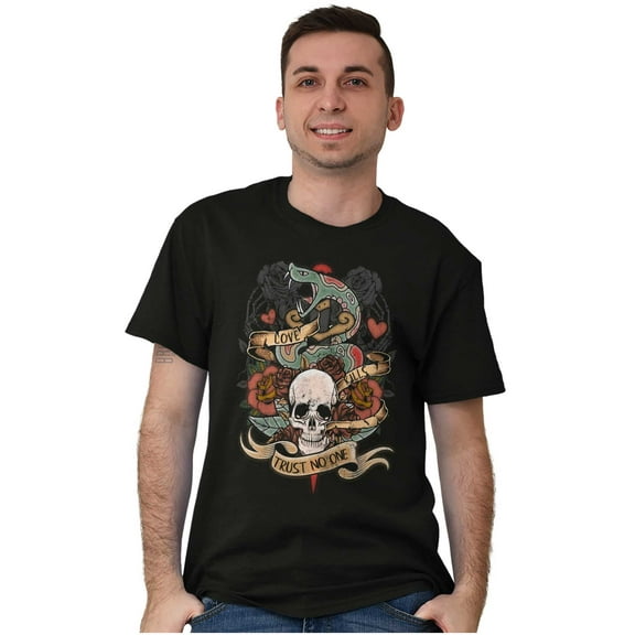 Love Kills Trust No One Skull Tattoo Plus Size Crewneck Graphic Tee Shirt Brisco Brands 2X