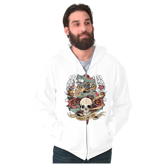 Love Kills Trust No One Skull Tattoo Unisex Fleece Graphic Zip Up Hoodie Brisco Brands 4X