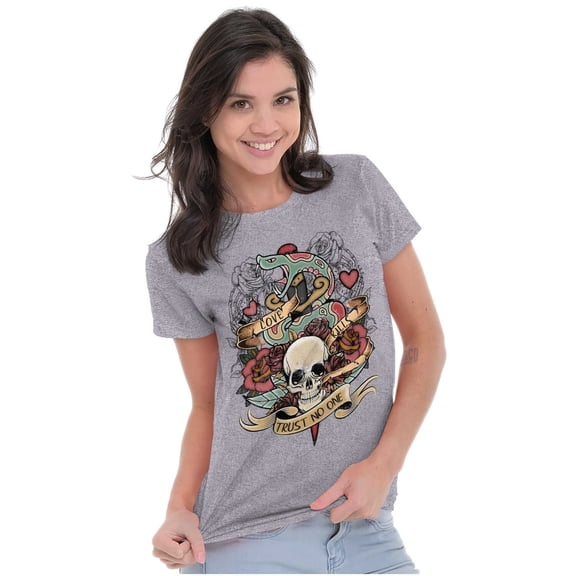 Love Kills Trust No One Skull Tattoo Womens Slim Fit Graphic Tee Brisco Brands S