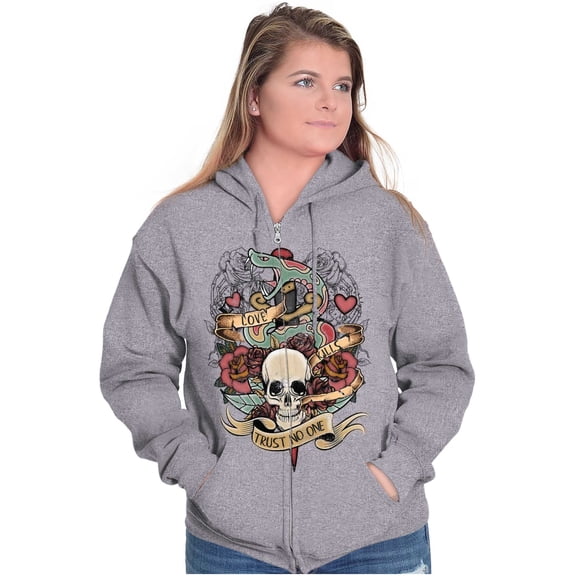 Love Kills Trust No One Skull Tattoo Zip Up Hoodie Men's Women's Brisco Brands S