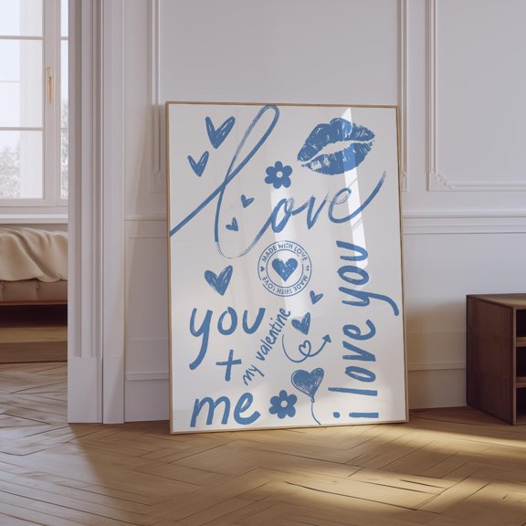 Love Kiss Blue Preppy Valentines Poster, Unframed Paper Poster 8x10in
