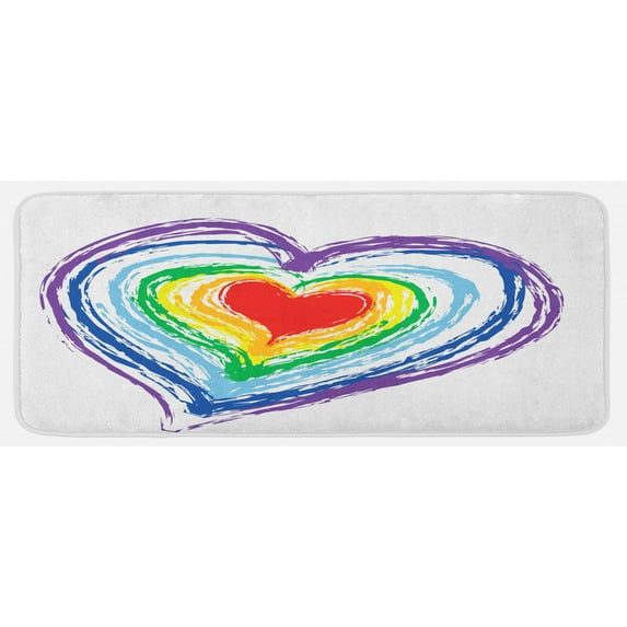 Love Kitchen Mat, Love Themed Nested Rainbow Heart with a Simplistic Style Vibrant Colored Work of Art, Plush Decorative Kitchen Mat with Non Slip Backing, 47" X 19", Multicolor, by Ambesonne