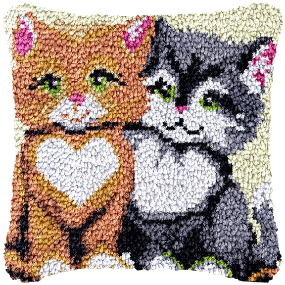 Love Kitten Latch Hook Kits Pillow Cover DIY Rug Making Crochet Hook Cushion Making Kits with Preprinted Pattern Canvas DIY Needlework Crochet Kits Sofa Decor 43x43cm