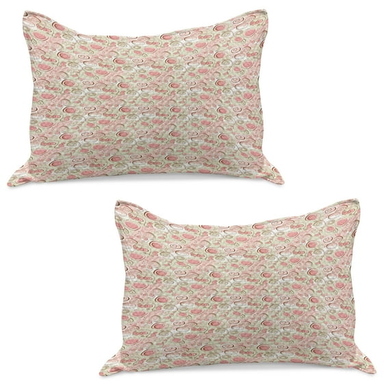 Love Knitted Quilt Pillowcover Set of 2, Romantic Pastel Colored Scribble Random Shapes Hearts Springtime Floral, Standard Queen Pillow Sham Bedroom, 30" x 20", Pale Green Blush Brown, by Ambesonne