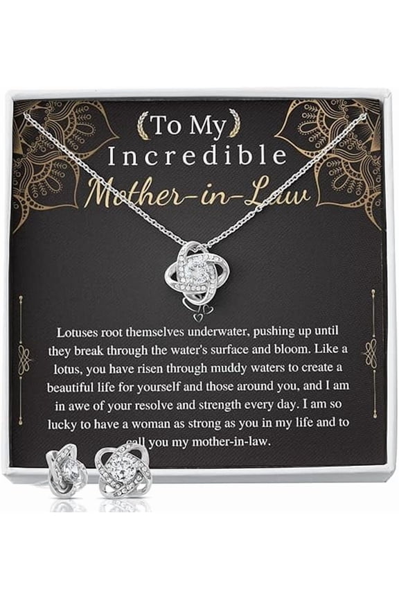 Love Knot Necklace & Earing For Mother In Law on Christmas day, Mother In Law Jewelry from daughter in law, Wedding Anniverary Gift, with Personalized message Card