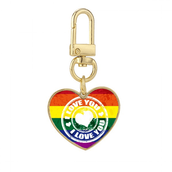 Love LGBT Rainbow Postmark Gold Heart Keychain Metal Keyring Holder