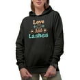 thumbnail image 1 of Love and Lashes Text with Pastel Colors, Beauty Themed Merch Gift for Makeup Artist or Lovers, Cosmetologists & Beauticians, Black Hooded Sweatshirt or Hoodie, Small, 1 of 5