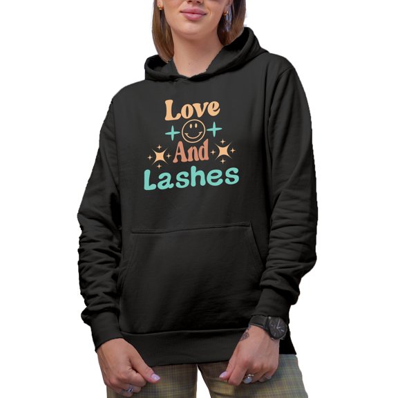 Love and Lashes Text with Pastel Colors, Beauty Themed Merch Gift for Makeup Artist or Lovers, Cosmetologists & Beauticians, Black Hooded Sweatshirt or Hoodie, Small