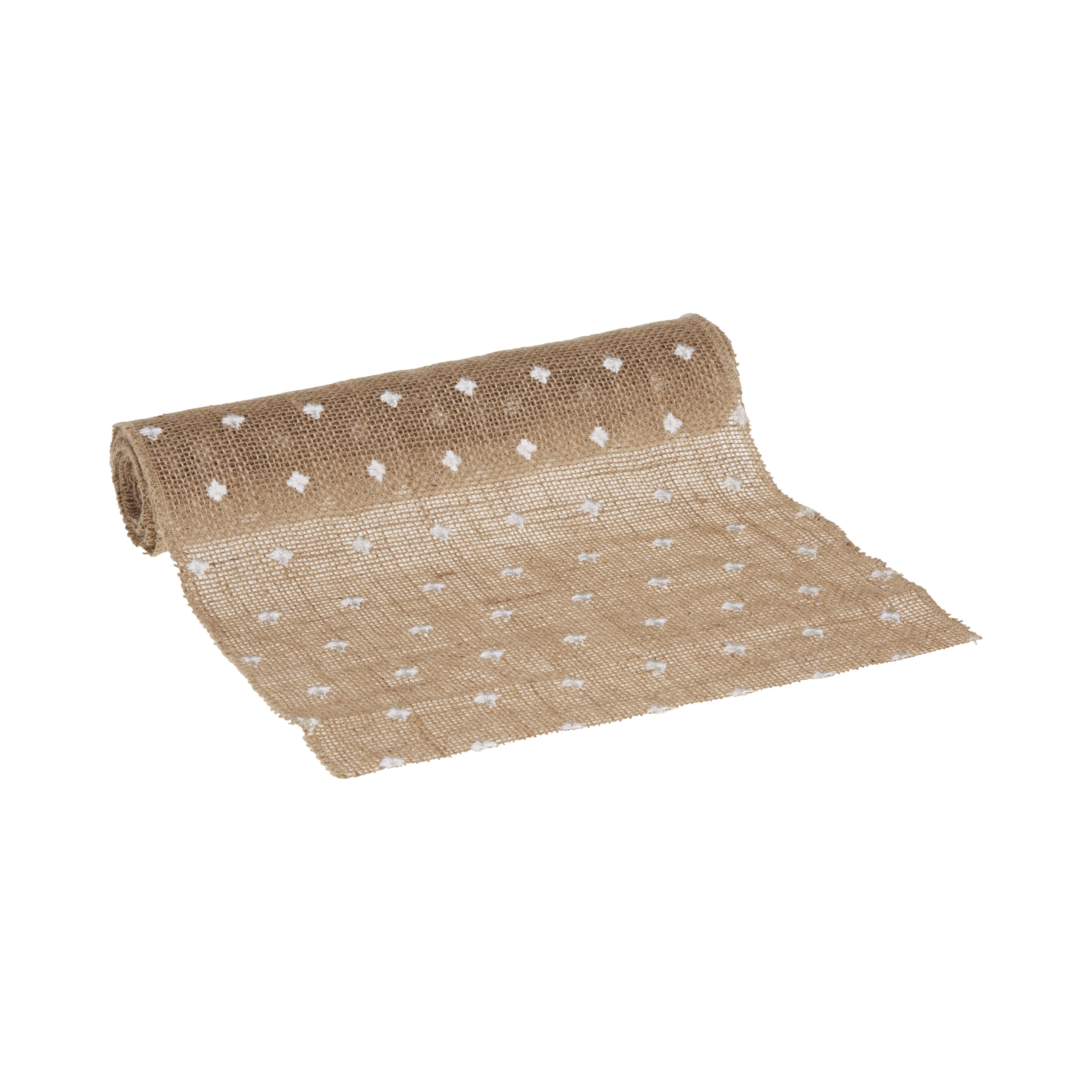 Love, Laugh, Craft Natural Jute Burlap Table Runner Roll, Finished Edges, 12"Wx3-Yds, White Dots