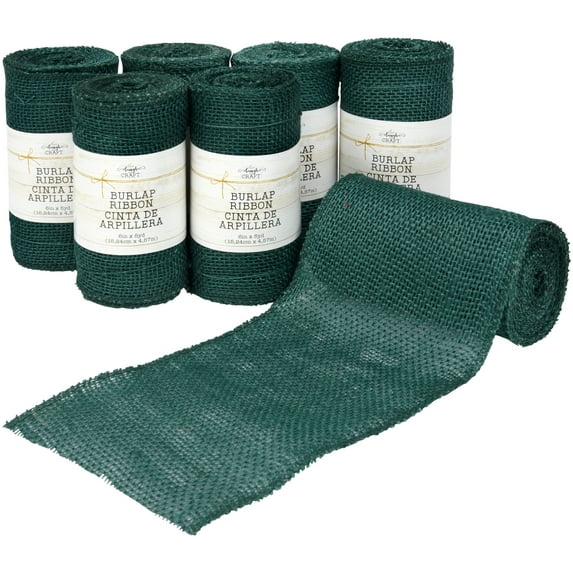 Love, Laugh, Craft Jute Burlap Roll, 6"W x 5-Yd, 7-Pk, Precut Ribbon, Pine Green