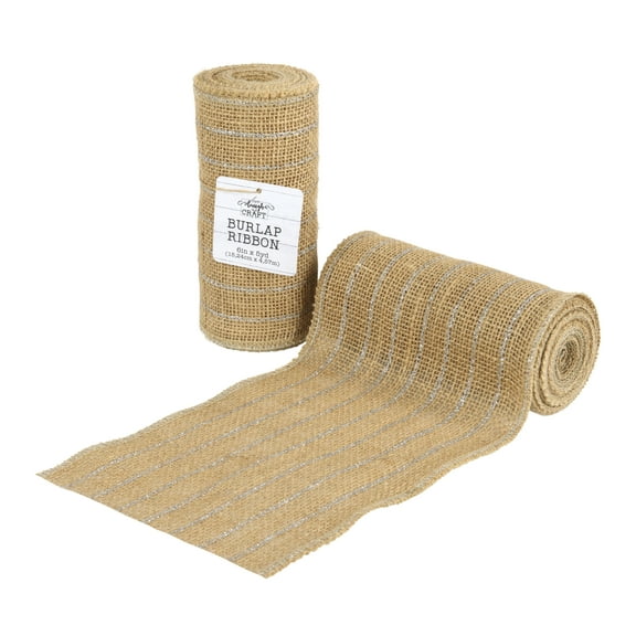 Love, Laugh, Craft Jute Burlap Roll Precut, 6in W x 5 Yards, 740-28, Brown/Silver Stripe Glitter