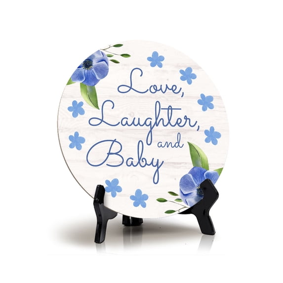Love, Laughter, and Baby Baby Shower Decoration Circle 5x5" Table Sign Home Decor | Baby Party Signs