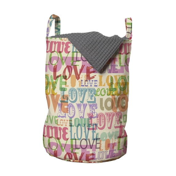 Love Laundry Bag, Colorful Romance Theme Typography Different Styles Marriage Engagement Inspirations, Basket with Handles Drawstring Closure for Laundromats, 13" x 19", Multicolor, by Ambesonne