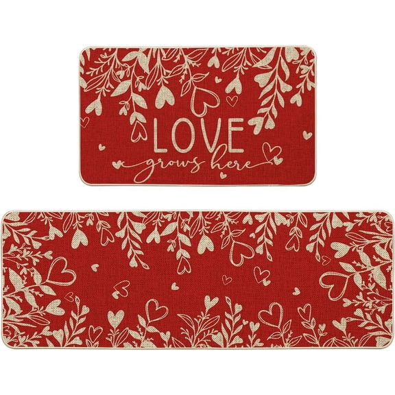 Love Leaves Heart Valentine''s Day Kitchen Mats Set of 2, Home Decor Low-Profile Kitchen Rugs for Floor - 17x29 and 17x47 Inch