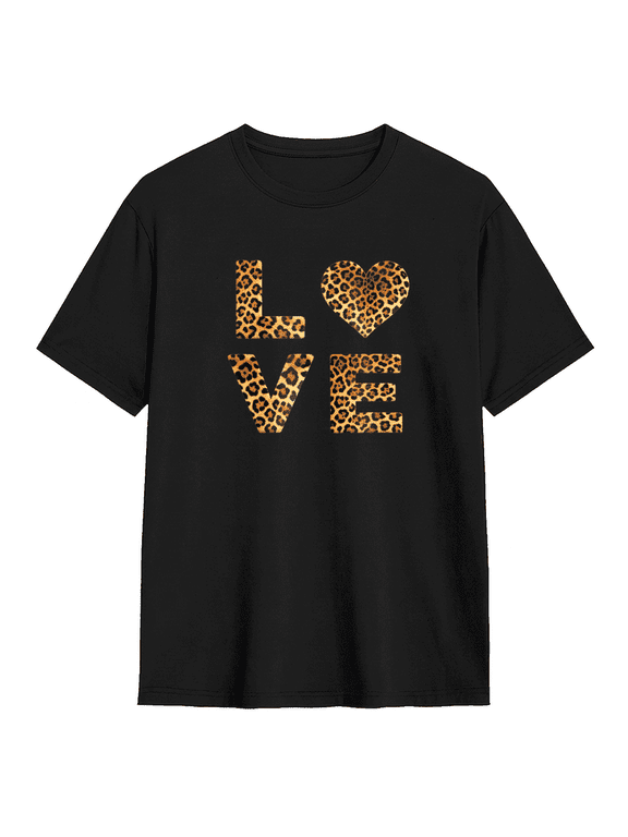 Love Leopard Cheetah Print Heart Graphic Tee for Men and Women Vintage Fashion Cute Cotton Short Sleeve T Shirt