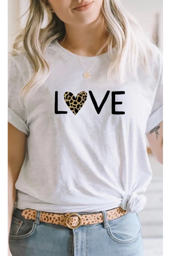 Love Leopard Print Heart Valentines Graphic Tee T-Shirt