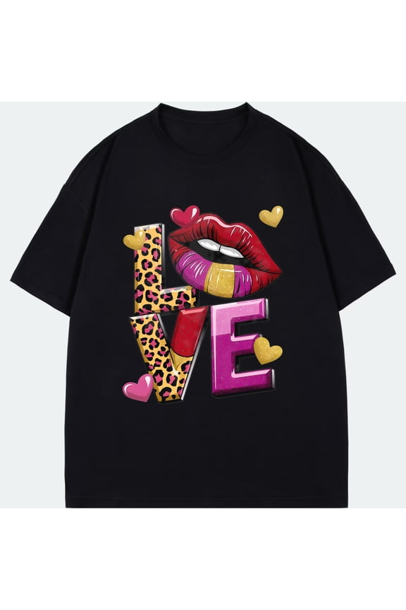Love Leopard Print Lips T Shirt Black Romantic Design For Valentine's Day Party Wear