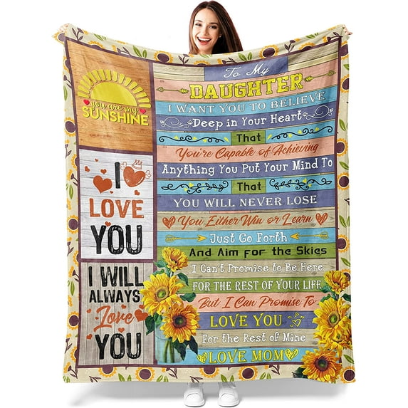 Love Letter to My Daughter Blanket, Gifts for Daughters from Mom, You are My Sunshine Throw Blanket for Daughter Birthday Anniversary, Sunflower Super Soft Fleece Blankets for Bed Travel 50x60inch