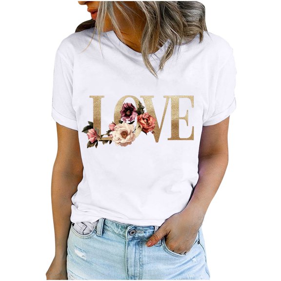 Love Letter Graphic Tshirts for Womens Valentine's Day Short Sleeve Tops Crew Neck Basic Tee Shirts