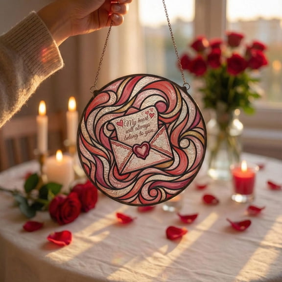 Love Letter Heart Glass Suncatcher, Romantic Quote Window Art, Valentine Heart Decor, 3.5 in