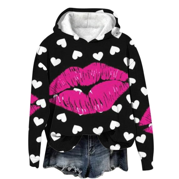 Love Letter Print Hoodies for Women Valentine's Day Cute Fleece Lined Long Sleeve Warm Sweatshirts Plus Size Workout Tops(Black,M)