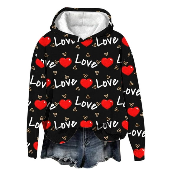 Love Letter Print Hoodies for Women Valentine's Day Cute Fleece Lined Long Sleeve Warm Sweatshirts Plus Size Workout Tops(Black,XXL)