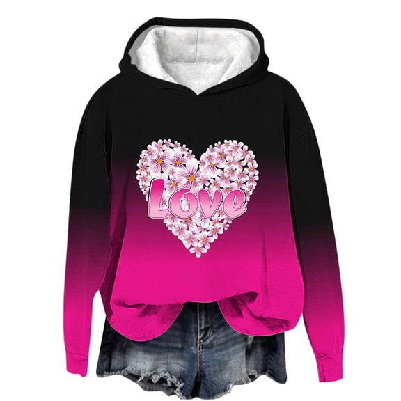 Love Letter Print Hoodies for Women Valentine's Day Cute Fleece Lined Long Sleeve Warm Sweatshirts Plus Size Workout Tops(Hot Pink,L)