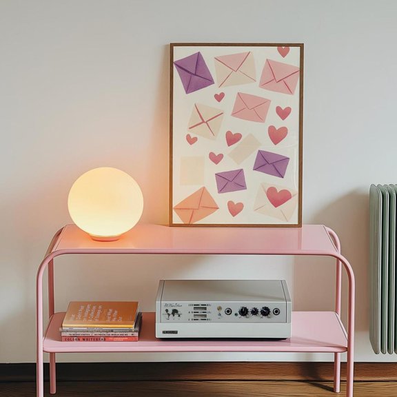 Love Letters Art Mid Century Pink Envelopes Hearts Valentine Decor, Unframed Paper Poster 8x10in