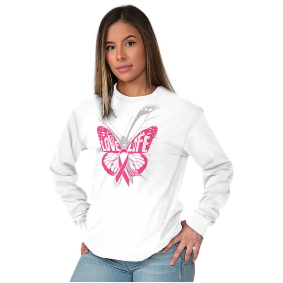 Love Life Butterfly Breast Cancer Women Plus Size Long Sleeve Graphic Tee Brisco Brands 2X