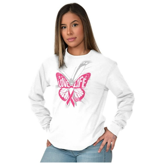 Love Life Butterfly Breast Cancer Women's Long Sleeve T Shirt Brisco Brands S