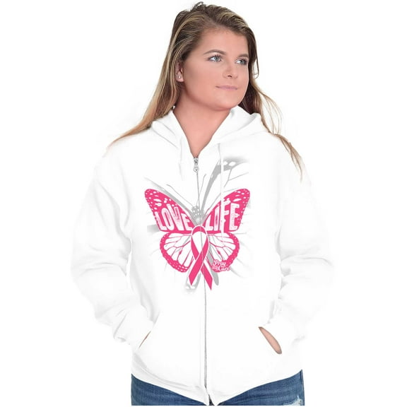 Love Life Butterfly Breast Cancer Zip Hoodie Sweatshirt Women Brisco Brands M