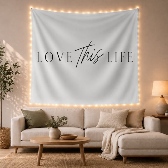 Love This Life Lettering Against Soft Gray Folds, Inspirational Minimalist for Home Decor Lovers, Wall Art Print Housewarming Gift Tapestry Wall Hanging for Bedroom and Living Room