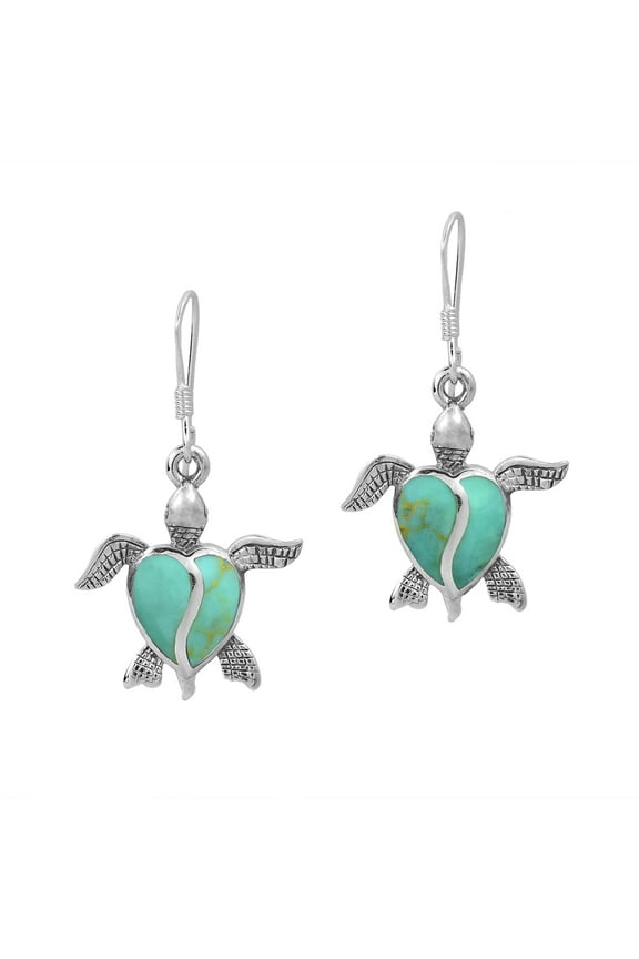 Love Life Sea Turtle Heart Green Turquoise Sterling Silver Dangle Earrings