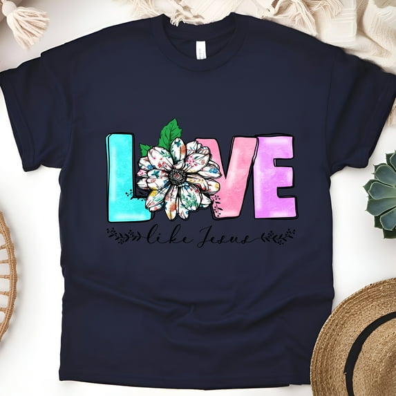 Love Like Jesus Christian Floral Pastel Graphic T-Shirt, Navy, Size 2XL