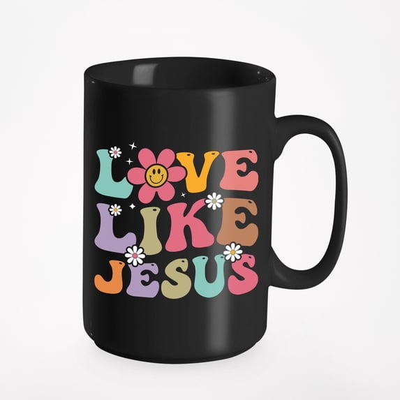 Love Like Jesus, Loving Unconditionally Like Christ Quote, Groovy Retro Wavy Text Merch Gift, Black 15oz Ceramic Mug