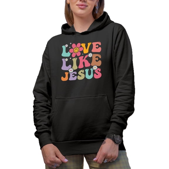 Love Like Jesus, Loving Unconditionally Like Christ Quote, Groovy Retro Wavy Text Merch Gift, Black Hooded Sweatshirt or Hoodie, Small
